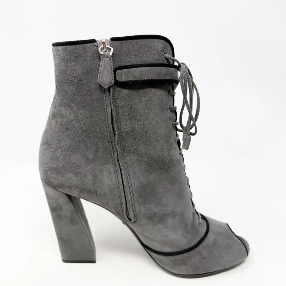 Prada Suede Peep Toe Lace Up Block Heel Boots Womens Size EU 40